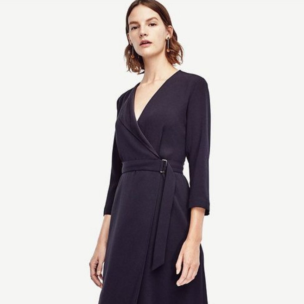 NWT Ann Taylor Satin Collar Wrap Dress Navy 10P